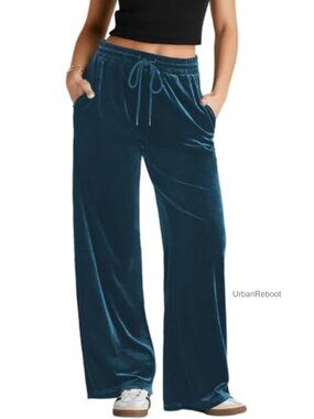 Velvet Wide Leg Lounge Pants Drawstring Elastic Waist Side Pockets Casual